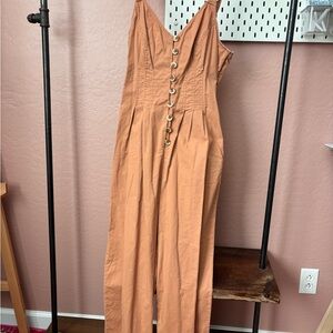 Women's Tan Cotton Pleated Jumpsuit with Button Detail